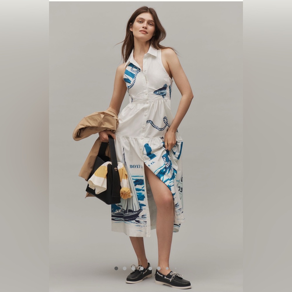 NWT Anthropologie Maeve Sleeveless Nautical Blue and White Skirt Midi Dress⚓️ 🌊